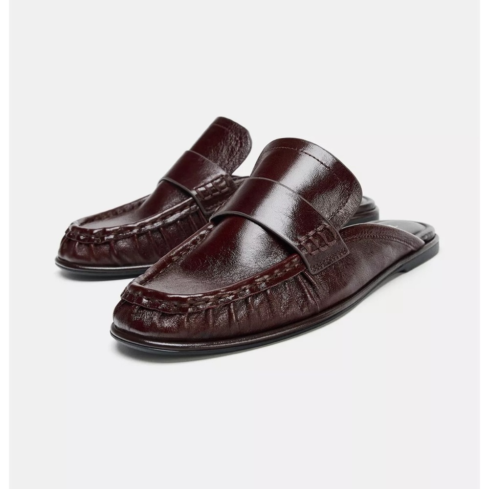 Zara Burgundy Leather Penny Loafer Mules